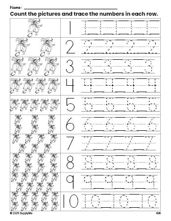 Free printable Halloween witch counting worksheet for preschool and pre-k with number tracing practice 1-10, PDF