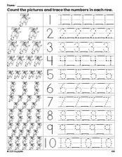 Free printable Halloween witch counting worksheet for preschool and pre-k with number tracing practice 1-10, PDF