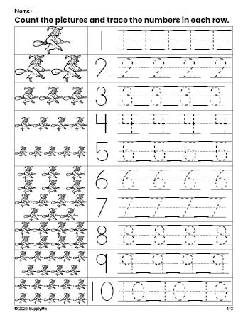 Free printable Halloween witch counting worksheet for preschool and pre-k with number tracing practice 1-10, PDF