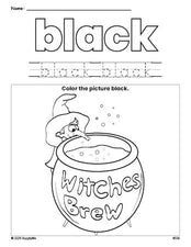 Free Halloween witches brew color black coloring page and color worksheet, black worksheet for preschoolers to learn colors, printable PDF