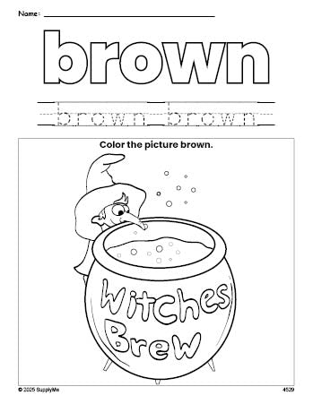 Free Halloween witches brew color brown coloring page and color worksheet, brown worksheet for preschoolers to learn colors, printable PDF