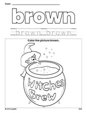 Free Halloween witches brew color brown coloring page and color worksheet, brown worksheet for preschoolers to learn colors, printable PDF