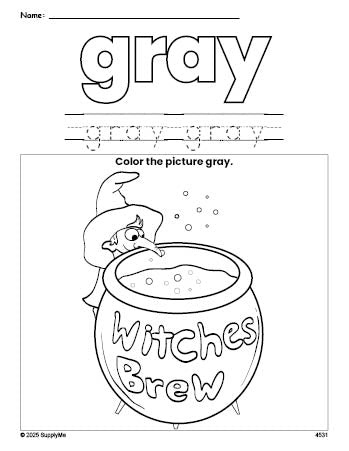 Free Halloween witches brew color gray coloring page and color worksheet, gray worksheet for preschoolers to learn colors, printable PDF