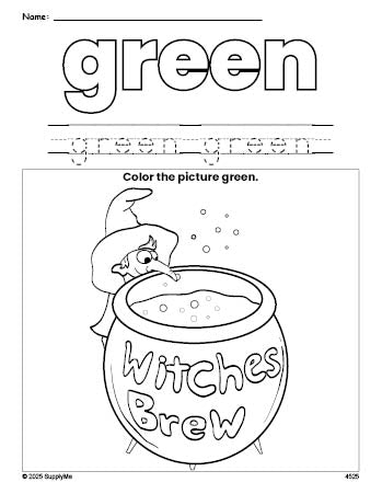 Free Halloween witches brew color green coloring page and color worksheet, green worksheet for preschoolers to learn colors, printable PDF