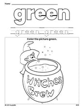 Free Halloween witches brew color green coloring page and color worksheet, green worksheet for preschoolers to learn colors, printable PDF