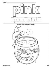 Free Halloween witches brew color pink coloring page and color worksheet, pink worksheet for preschoolers to learn colors, printable PDF