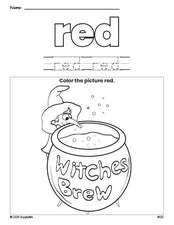 Free Halloween witches brew color red coloring page and color worksheet, red worksheet for preschoolers to learn colors, printable PDF