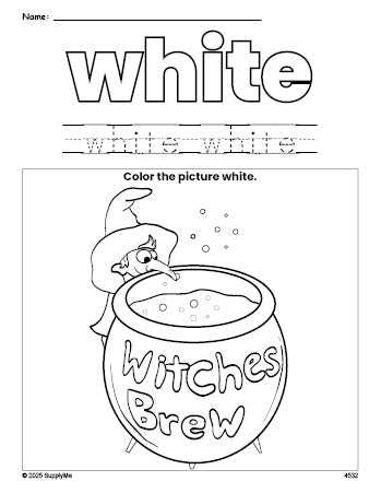 Free Halloween witches brew color white coloring page and color worksheet, white worksheet for preschoolers to learn colors, printable PDF