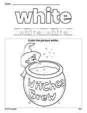 Free Halloween witches brew color white coloring page and color worksheet, white worksheet for preschoolers to learn colors, printable PDF