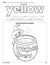 Free Halloween witches brew color yellow coloring page and color worksheet, yellow worksheet for preschoolers to learn colors, printable PDF