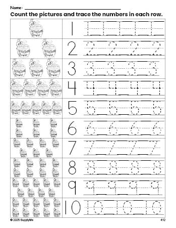 Free printable Halloween witches brew counting worksheet for preschool and pre-k with number tracing practice 1-10, PDF