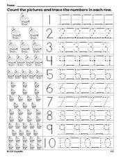 Free printable Halloween witches brew counting worksheet for preschool and pre-k with number tracing practice 1-10, PDF