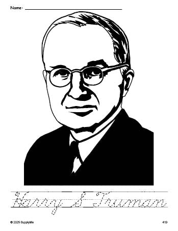 Free printable Harry S Truman Presidents' Day coloring page and cursive word tracing worksheet, perfect for preschool, pre-k, and kindergarten, PDF