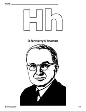 Free printable Harry S Truman Presidents' Day coloring page, letter h coloring page for preschool, pre-k, and kindergarten, PDF