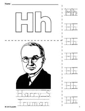 Free printable Harry S Truman Presidents' Day coloring page and letter tracing worksheet, letter h worksheet for preschool, pre-k, and kindergarten, PDF