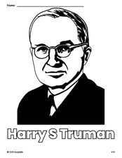 Free printable Harry S Truman Presidents' Day coloring page for preschool, pre-k, and kindergarten, PDF