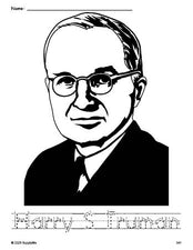 Free printable Harry S Truman Presidents' Day coloring page and word tracing worksheet, letter formation guides, perfect for preschool, pre-k, and kindergarten, PDF