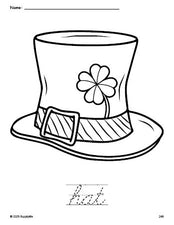 Free printable hat St. Patrick's Day coloring page and cursive word tracing worksheet, perfect for preschool, pre-k, and kindergarten, PDF