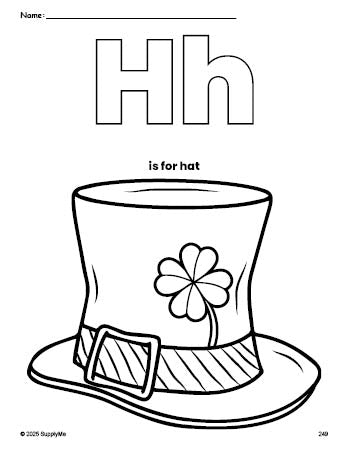 Free printable hat St. Patrick's Day coloring page, letter h coloring page for preschool, pre-k, and kindergarten, PDF