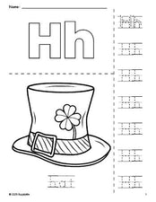 Free printable hat St. Patrick's Day coloring page and letter tracing worksheet, letter h worksheet for preschool, pre-k, and kindergarten, PDF