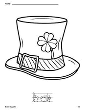 Free printable hat St. Patrick's Day coloring page and word tracing worksheet, letter formation guides, perfect for preschool, pre-k, and kindergarten, PDF