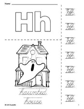 Free printable haunted house Halloween coloring page and cursive letter tracing worksheet, letter h worksheet for preschool, pre-k, and kindergarten, PDF