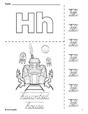 Free printable haunted house Halloween coloring page and cursive letter tracing worksheet, letter h worksheet for preschool, pre-k, and kindergarten, PDF