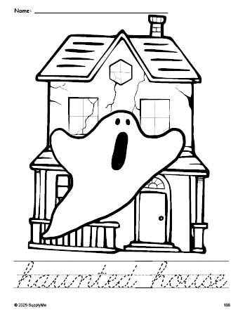 Free printable haunted house Halloween coloring page and cursive word tracing worksheet, perfect for preschool, pre-k, and kindergarten, PDF