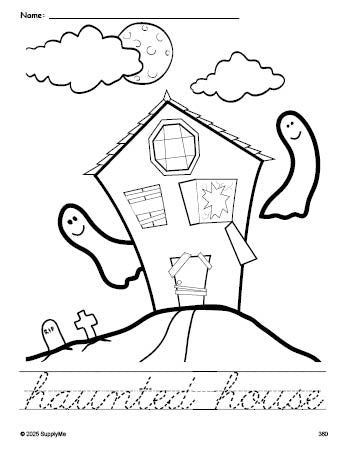 Free printable haunted house Halloween coloring page and cursive word tracing worksheet, perfect for preschool, pre-k, and kindergarten, PDF