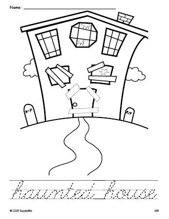 Free printable haunted house Halloween coloring page and cursive word tracing worksheet, perfect for preschool, pre-k, and kindergarten, PDF