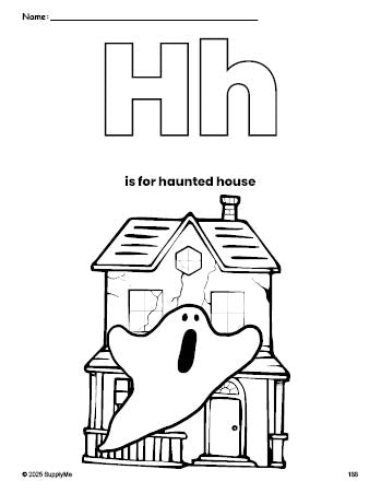 Free printable haunted house Halloween coloring page, letter h coloring page for preschool, pre-k, and kindergarten, PDF