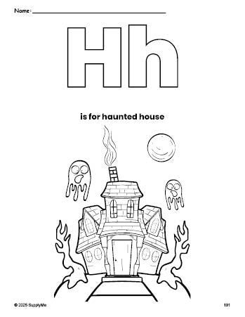 Free printable haunted house Halloween coloring page, letter h coloring page for preschool, pre-k, and kindergarten, PDF