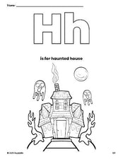 Free printable haunted house Halloween coloring page, letter h coloring page for preschool, pre-k, and kindergarten, PDF