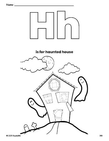 Free printable haunted house Halloween coloring page, letter h coloring page for preschool, pre-k, and kindergarten, PDF