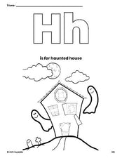 Free printable haunted house Halloween coloring page, letter h coloring page for preschool, pre-k, and kindergarten, PDF