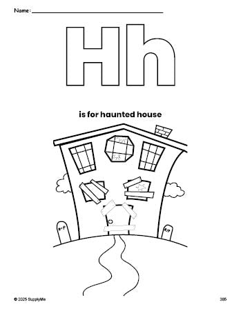 Free printable haunted house Halloween coloring page, letter h coloring page for preschool, pre-k, and kindergarten, PDF