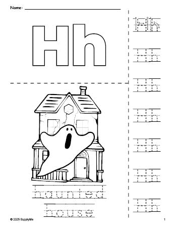 Free printable haunted house Halloween coloring page and letter tracing worksheet, letter h worksheet for preschool, pre-k, and kindergarten, PDF