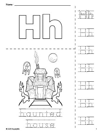 Free printable haunted house Halloween coloring page and letter tracing worksheet, letter h worksheet for preschool, pre-k, and kindergarten, PDF