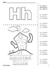 Free printable haunted house Halloween coloring page and letter tracing worksheet, letter h worksheet for preschool, pre-k, and kindergarten, PDF