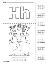 Free printable haunted house Halloween coloring page and letter tracing worksheet, letter h worksheet for preschool, pre-k, and kindergarten, PDF