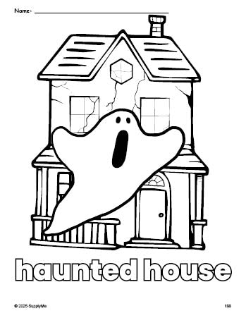 Free printable haunted house Halloween coloring page for preschool, pre-k, and kindergarten, PDF