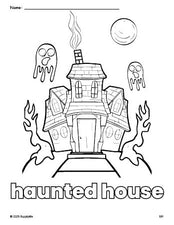 Free printable haunted house Halloween coloring page for preschool, pre-k, and kindergarten, PDF