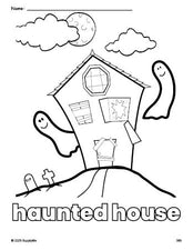 Free printable haunted house Halloween coloring page for preschool, pre-k, and kindergarten, PDF