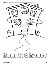 Free printable haunted house Halloween coloring page for preschool, pre-k, and kindergarten, PDF