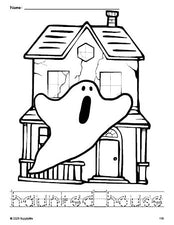 Free printable haunted house Halloween coloring page and word tracing worksheet, letter formation guides, perfect for preschool, pre-k, and kindergarten, PDF