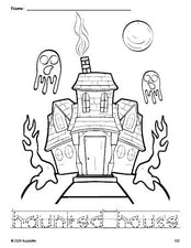 Free printable haunted house Halloween coloring page and word tracing worksheet, letter formation guides, perfect for preschool, pre-k, and kindergarten, PDF