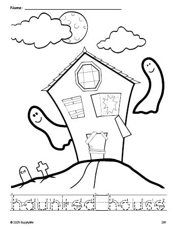 Free printable haunted house Halloween coloring page and word tracing worksheet, letter formation guides, perfect for preschool, pre-k, and kindergarten, PDF