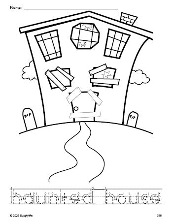 Free printable haunted house Halloween coloring page and word tracing worksheet, letter formation guides, perfect for preschool, pre-k, and kindergarten, PDF