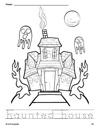 Free printable haunted house Halloween coloring page and word tracing worksheet, perfect for preschool, pre-k, and kindergarten, PDF