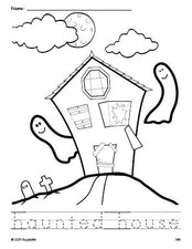 Free printable haunted house Halloween coloring page and word tracing worksheet, perfect for preschool, pre-k, and kindergarten, PDF